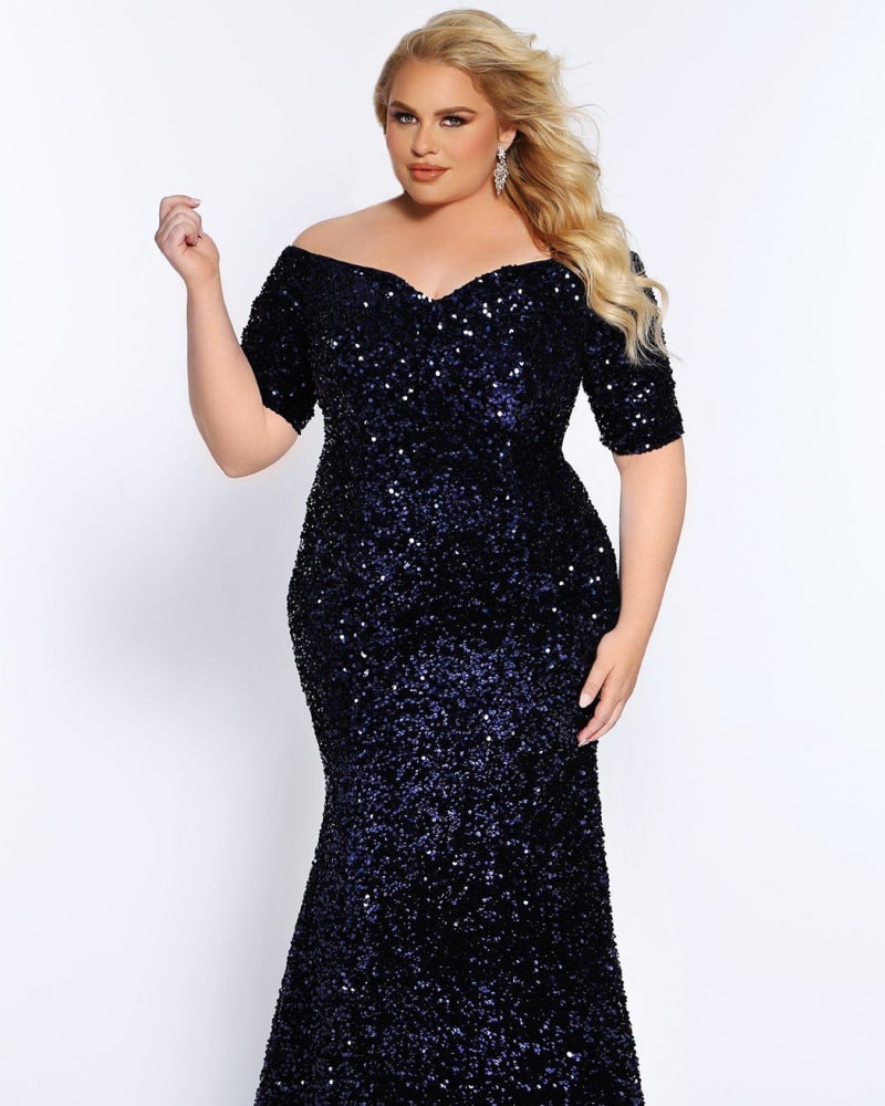 Front of a model wearing a size 18 Spark Evening Gown in Indigo by Johnathan Kayne for Sydney's Closet. | dia_product_style_image_id:250888